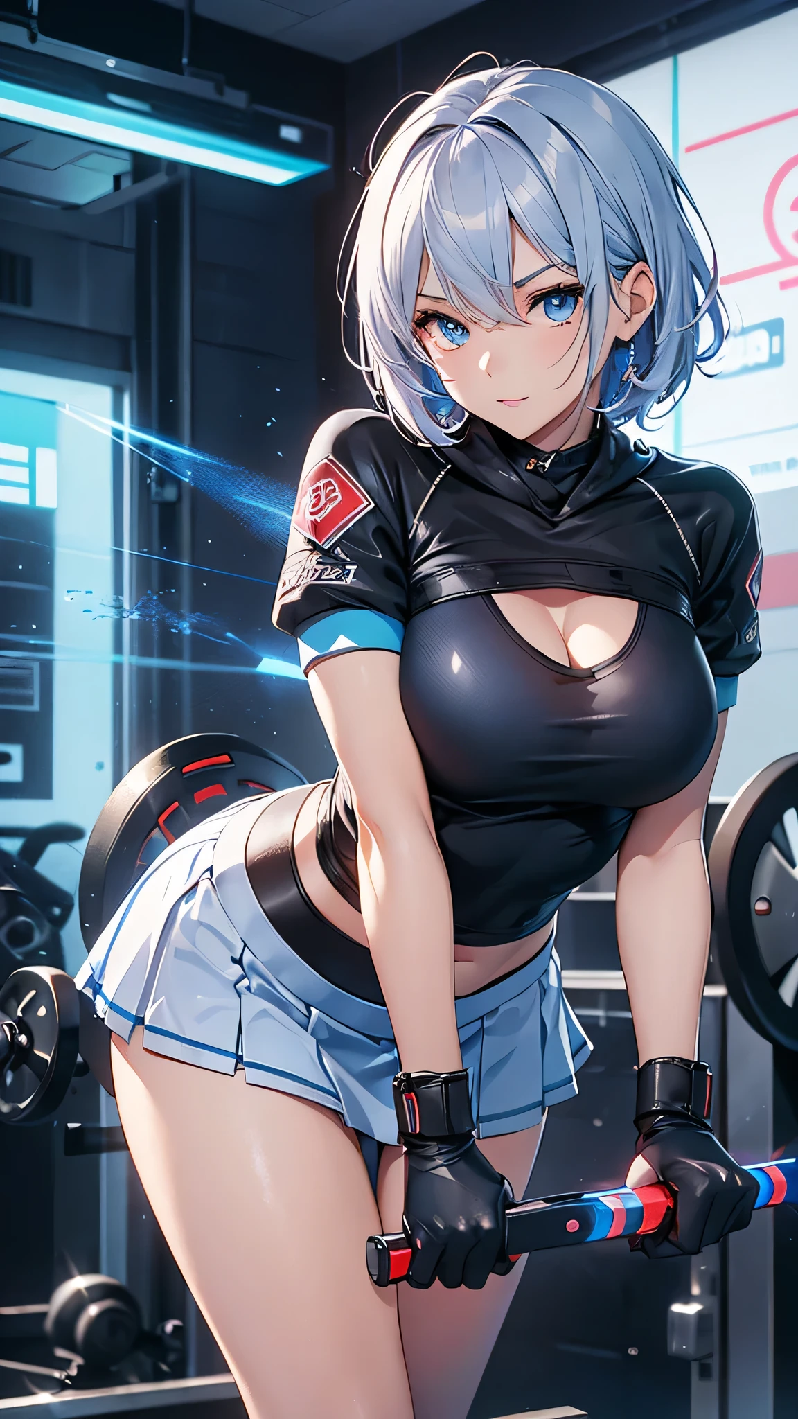 最high quality、Best image quality、masterpiece、With a girl((cute、20-year-old、Best Bust、Medium Bust、Bust 85,Beautiful Blue Eyes、Spread your chest wide,Short silver hair、Slender、The best valley、、Blue short sleeve hoodie、White short skirt,Show the whole body、Black perforated gloves,Blue Mesh,lure、Leaning forward greatly、Blue Sports Sunglasses、Blue Intercom))high quality、Beautiful art、background((Black Studio、Red lighting、blue laser light、Gym)),Tabletop、Exquisite design、Visual Arts、Depth of written boundary、Best lighting、Highest detail、8k