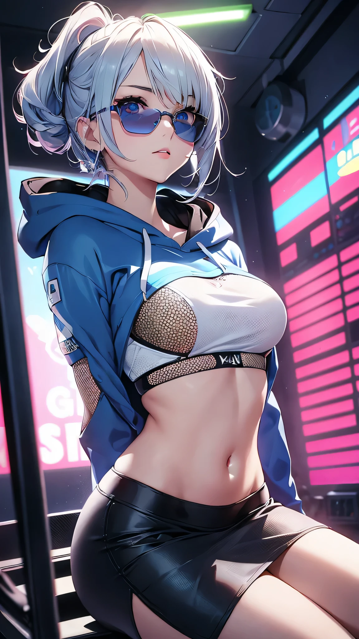 最high quality、Best image quality、masterpiece、With a girl((cute、20-year-old、Best Bust、Medium Bust、Bust 85,Beautiful Blue Eyes、Spread your chest wide,Short silver hair、Slender、The best valley、、Blue short sleeve hoodie、White short skirt,Show the whole body、Black perforated gloves,Blue Mesh,lure、Leaning forward greatly、Blue Sports Sunglasses、Blue Intercom)）high quality、Beautiful art、background((Black Studio、Red lighting、blue laser light、Gym)),Tabletop、Exquisite design、Visual Arts、Depth of written boundary、Best lighting、Highest detail、8ｋ