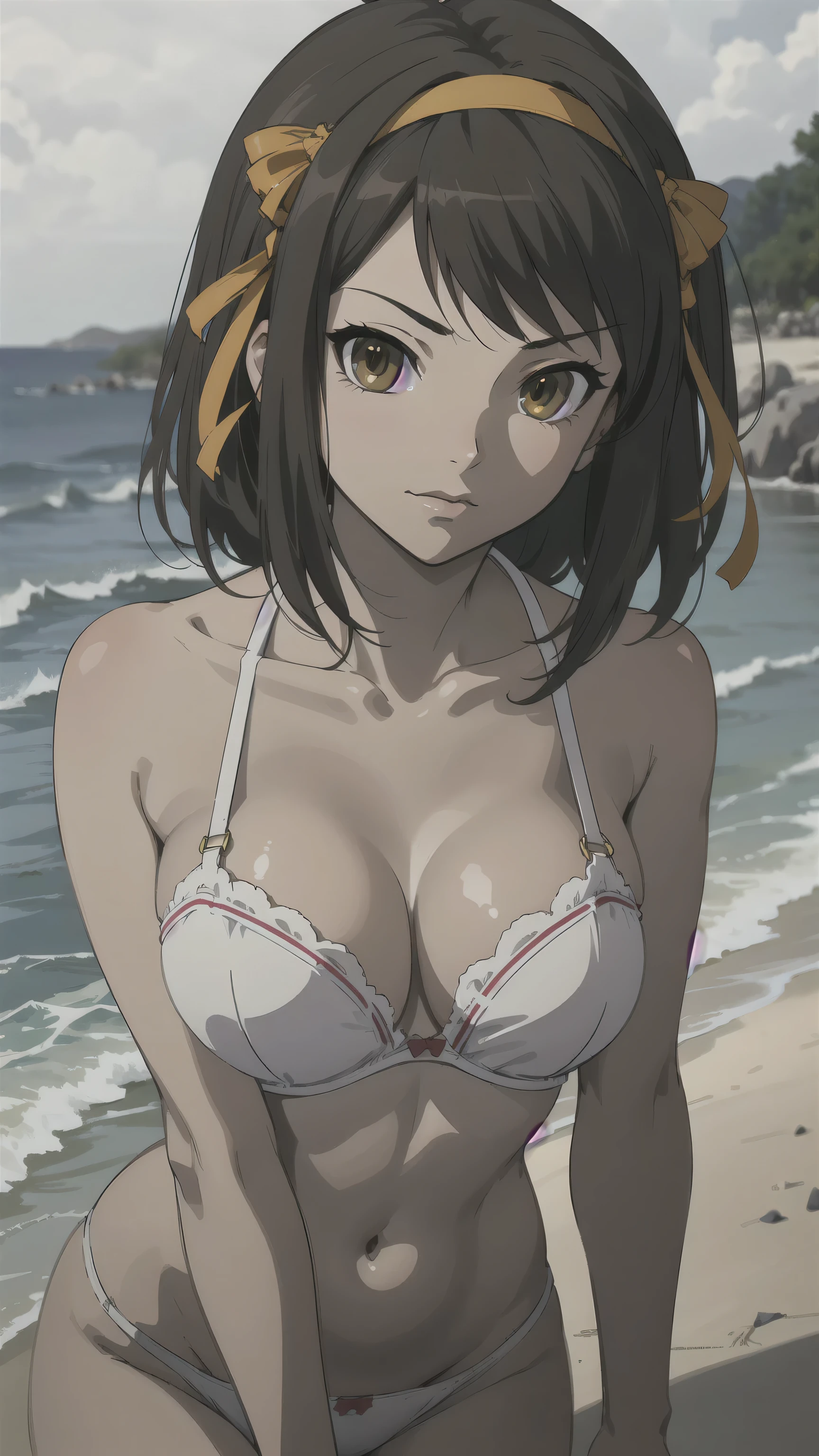 (A superb exquisite haruhi suzumiya), (haruhi suzumiya:1.5),
(photo realistic:1.4), (hyper realistic:1.4), (realistic:1.3),
(smoother lighting:1.05), (increase cinematic lighting quality:0.9), 32K,
1girl, girl, realistic lighting, light on face, ray trace, (brightening light:1.2), (Increase quality:1.4),
(best quality real texture skin:1.4), finely detailed eyes, finely detailed face, finely quality eyes,
(tired and sleepy and satisfied:0.0), ((face closeup)),
sexy nude model, sexy pose, (large chest), (Perfect Body Proportions), (slender Body Proportions),
(beachside), Mekosuji, colorful micro bra & panties,
(Increase body line mood:1.1), (Increase skin texture beauty:1.1),