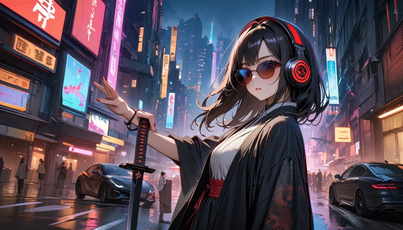 (((8K, Masterpiece, high resolution, highest quality, highest quality real texture skin))), ((wearing Japanese pattern headphones)), (((1 girl))), (((Japanese pattern haori))), (((Hold the sword in your right hand))), (((Cyberpunk City at Night))), ((sunglasses)), (((Maid))), (Black shiny hair, beige skin)