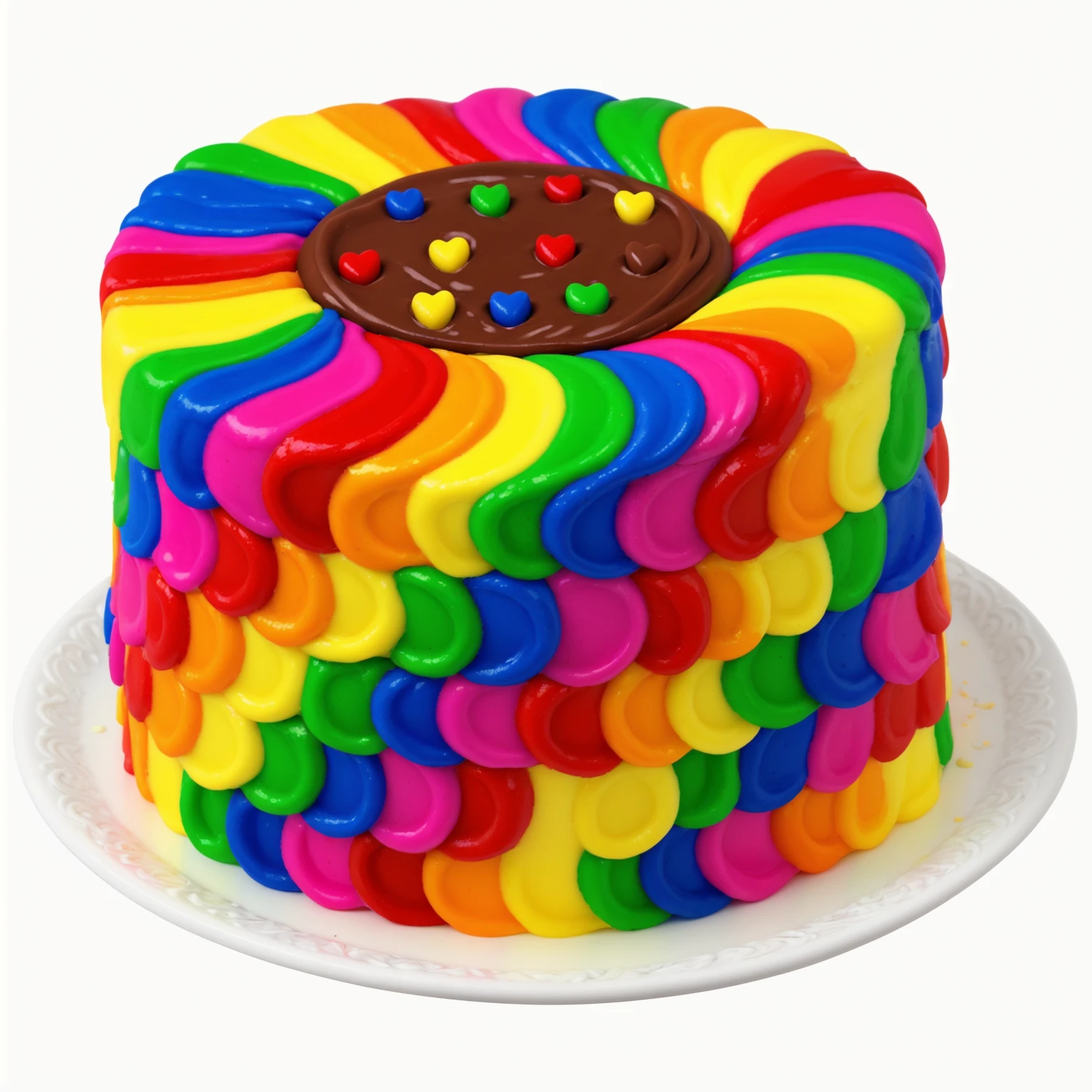  White Plate. rainbow cream cake. smears of cream in a checkerboard pattern, hole with chocolate drips on top,  ((cream highlights)), on a white background,  Multiple light sources, beautiful sunlight, Bright light source, bright lighting, beautiful light sources, Multiple light sources, Realistic style , realistic texture, detailed texture, A high resolution, high quality, macro photography 