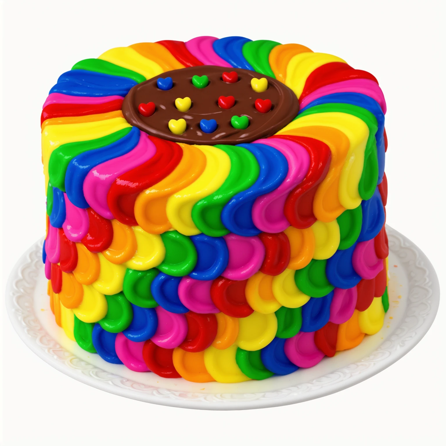 White Plate. rainbow cream cake. smears of cream in a checkerboard pattern, hole with chocolate drips on top, ((cream highlights)), on a white background, Multiple light sources, beautiful sunlight, Bright light source, bright lighting, beautiful light sources, Multiple light sources, Realistic style , realistic texture, detailed texture, A high resolution, high quality, macro photography