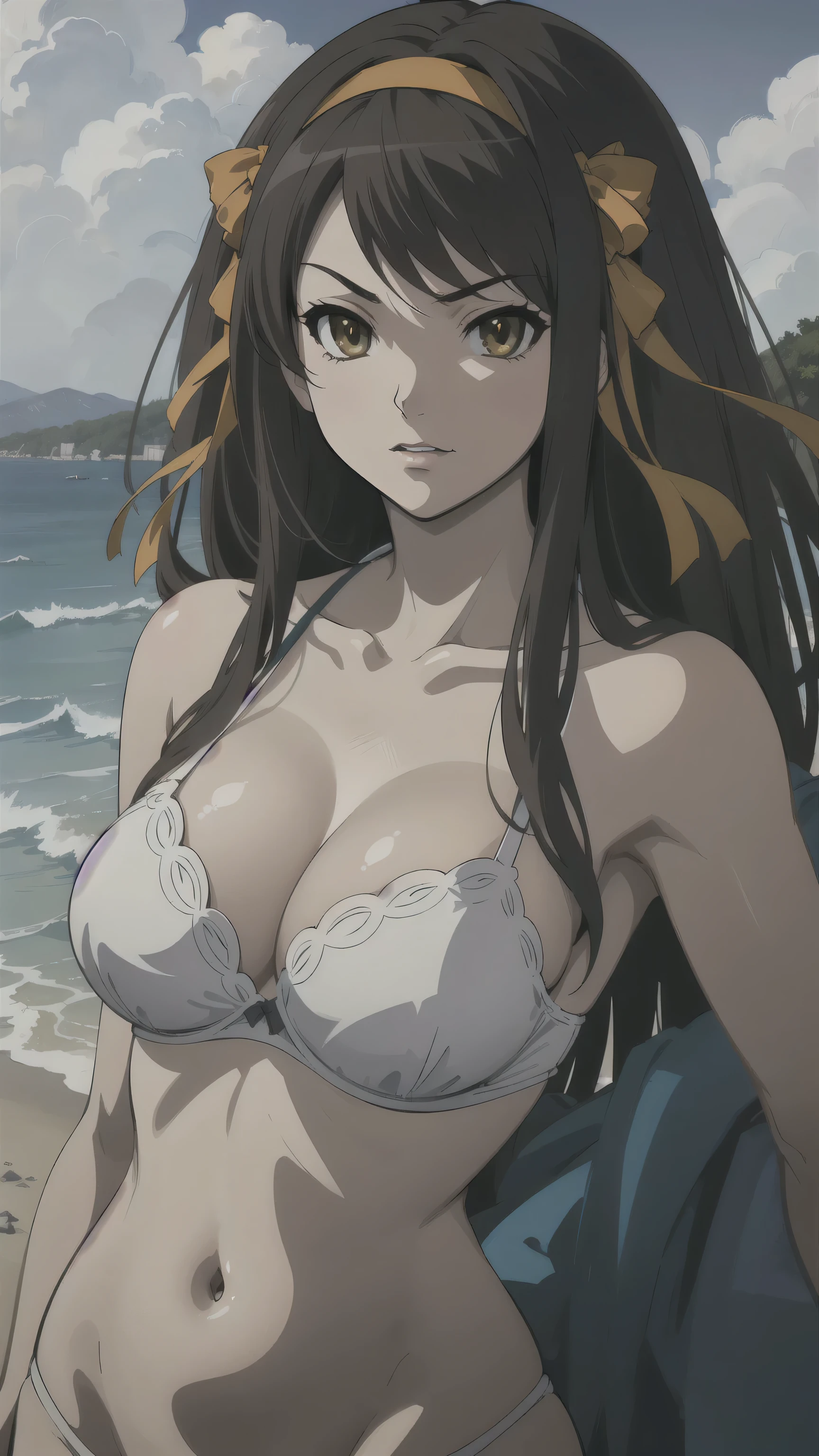 (A superb exquisite haruhi suzumiya), (haruhi suzumiya:1.5),
(photo realistic:1.4), (hyper realistic:1.4), (realistic:1.3),
(smoother lighting:1.05), (increase cinematic lighting quality:0.9), 32K,
1girl, girl, realistic lighting, light on face, ray trace, (brightening light:1.2), (Increase quality:1.4),
(best quality real texture skin:1.4), finely detailed eyes, finely detailed face, finely quality eyes,
(tired and sleepy and satisfied:0.0), ((face closeup)),
sexy nude model, sexy pose, (large chest), (Perfect Body Proportions), (slender Body Proportions),
(beachside), Mekosuji, colorful micro bra & panties,
(Increase body line mood:1.1), (Increase skin texture beauty:1.1),