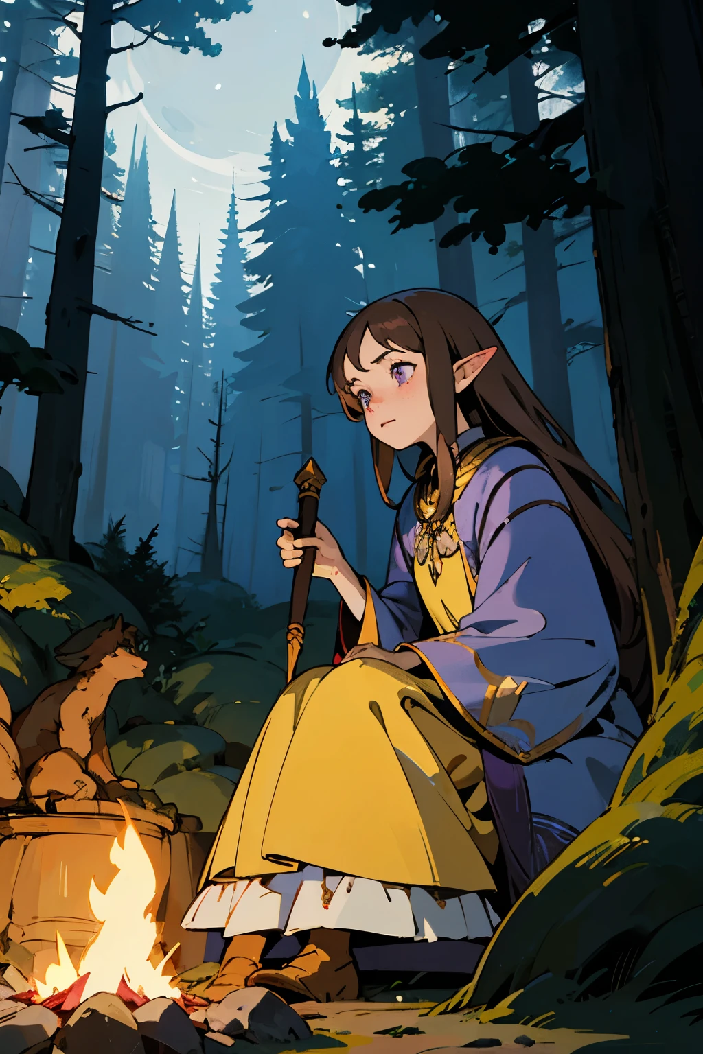 ((best quality)), ((masterpiece)), (detailed), 1girl, (masterpiece), best quality, expressive eyes, perfect face, magical, fantasy, woman, Half-elf, druid, long brown hair, lavender purple eyes, gold accessories, fair skin, pretty, freckles, in forest, druid clothing, magical glowing, magical forest, nighttime, by a campfire, sitting down pose, magical, night, dark, midnight