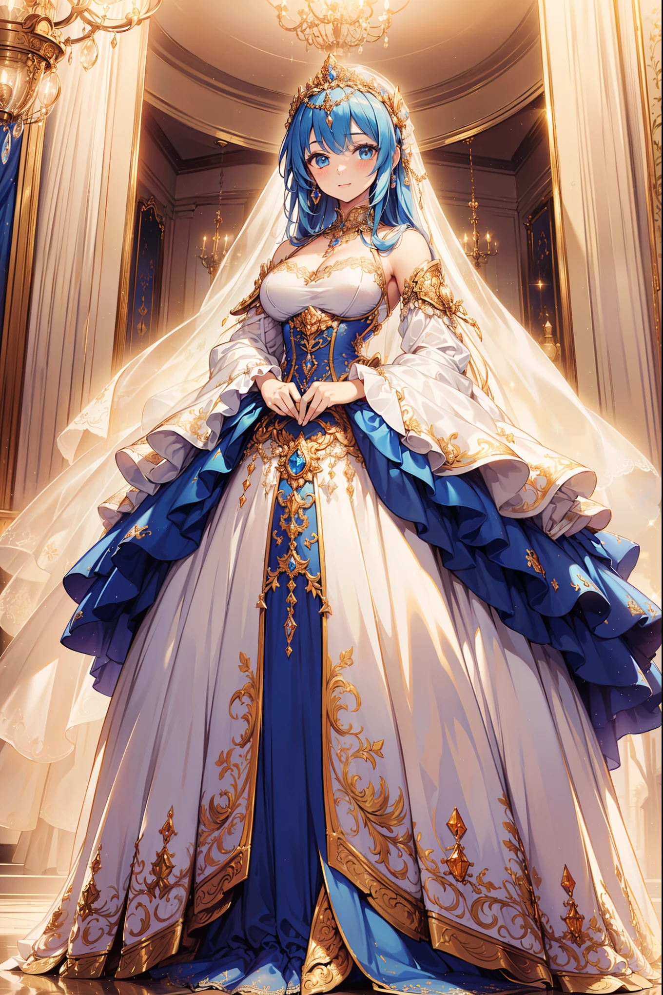 ((Anime art style)),(Masterpiece),(Best quality), (Super detail),((Very delicate and beautiful)),1 girl,((Full body portrait)),Stand at the Palace of Versailles,((Solo)),Digital art,(((1 princess in a gorgeous Rococo Princess ball dress,Wear yours with a voluminous full-length hoop skirt))),crinoline,((Beautiful embroidery and jewelry)),Plump frills,See-through,(Gorgeous embroidery and beautiful lace),((Plenty of straight hair,Extremely fluffy hair,Very long straight hair)),((finely detailed face and eyes)),Extremely gorgeous hair accessories,(Bling gemstones extremely gorgeous crowns),(Gorgeous gemstone jewelry,Sparkling gold),Long veil,(Beautiful background),full bodyesbian,((Gorgeous Rococo princess ball dress,Wide, full-length hoop skirt))