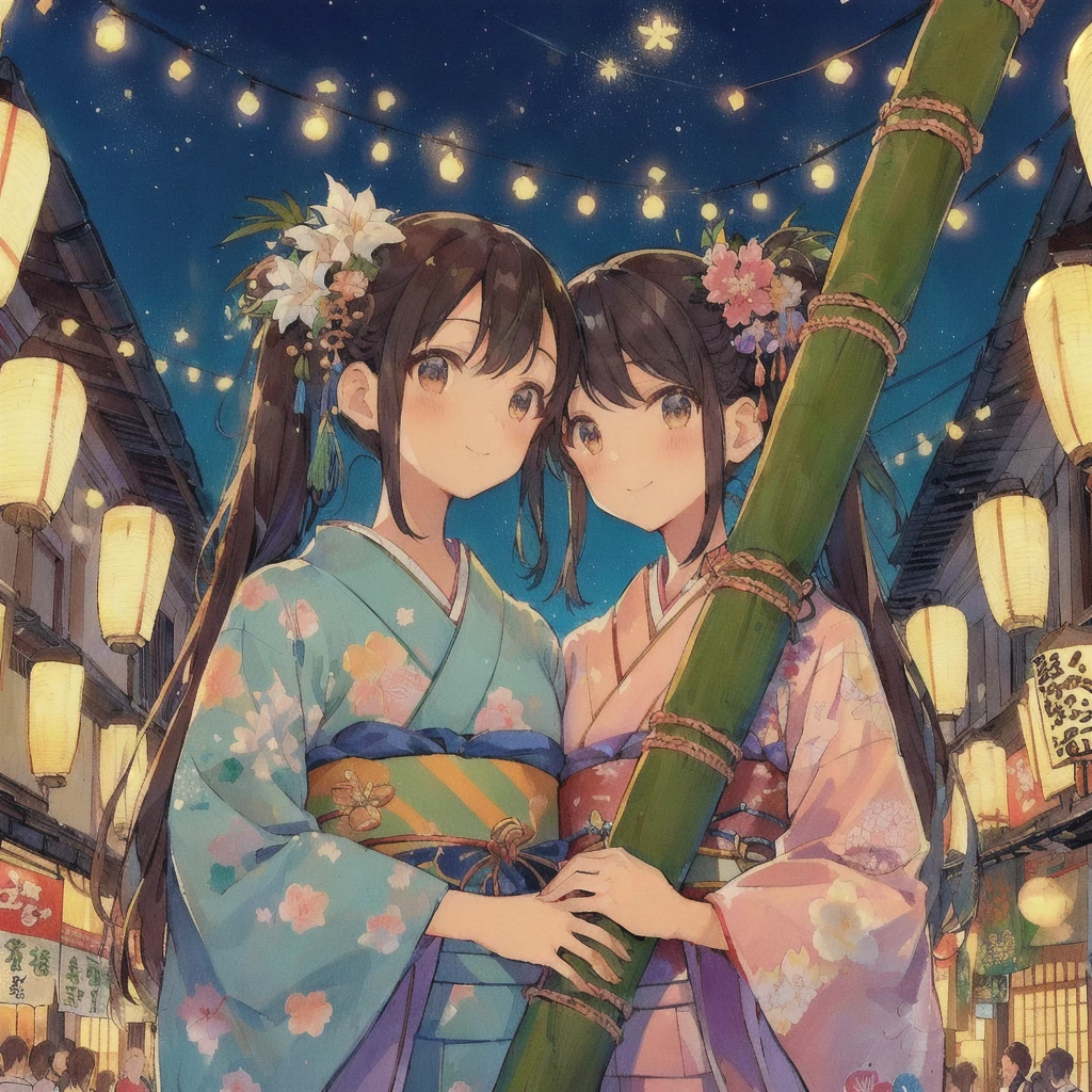 anime couple In kimono dress holding bamboo poles in a city, Tanabata Festival,80s anime style,Lofi,Japanese art style, Two beautiful anime girls, smile,Summer Festival Night, Kyoto Animation Style, pixiv Contest Winner, In kimono, In a Japanese town at night, In kimono, Anime-style illustrations, Happy!!!, Anime Style 4k, Anime Background, Twin tails, Anime Background art