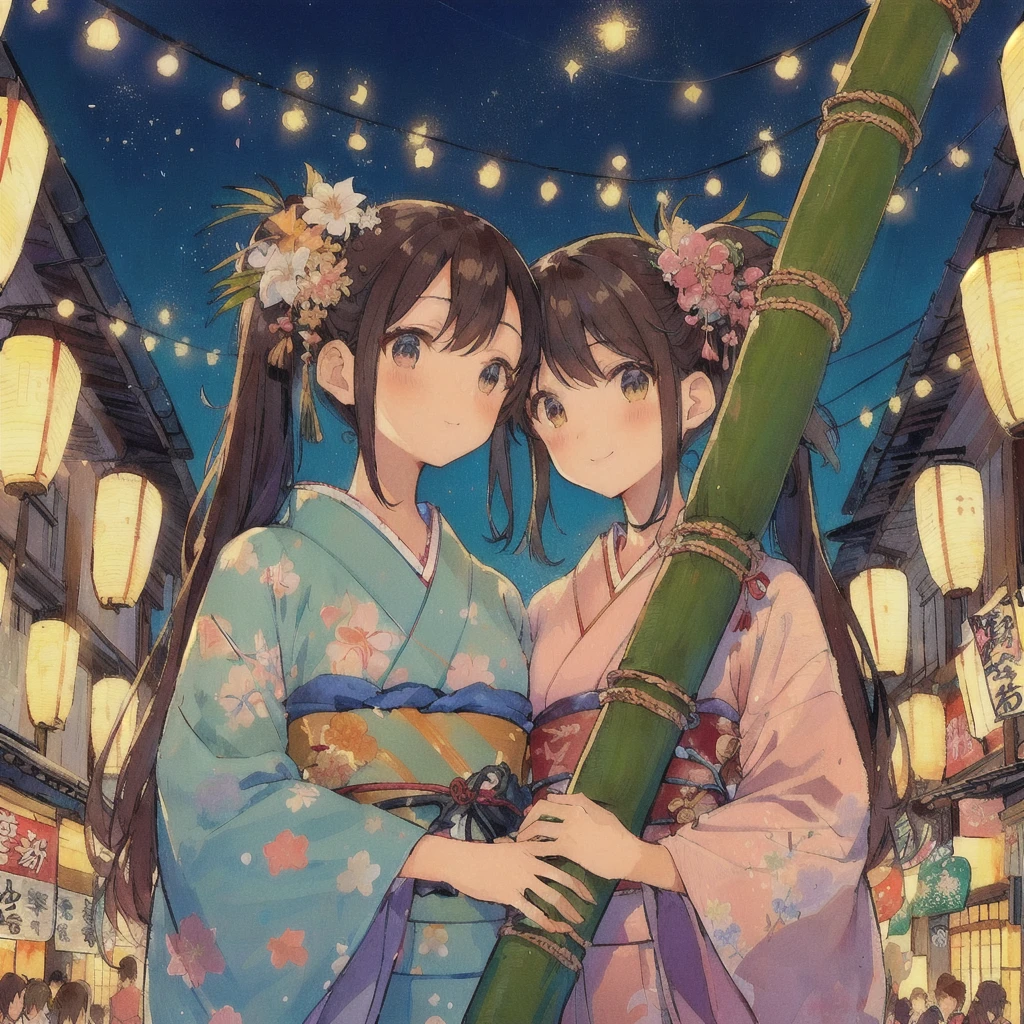 anime couple In kimono dress holding bamboo poles in a city, Tanabata Festival,80s anime style,Lofi,Japanese art style, Two beautiful anime girls, smile,Summer Festival Night, Kyoto Animation Style, pixiv Contest Winner, In kimono, In a Japanese town at night, In kimono, Anime-style illustrations, Happy!!!, Anime Style 4k, Anime Background, Twin tails, Anime Background art