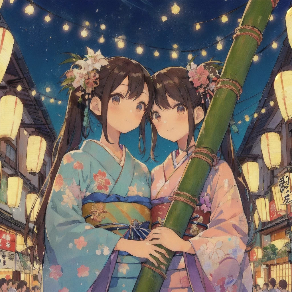 anime couple In kimono dress holding bamboo poles in a city, Tanabata Festival,80s anime style,Lofi,Japanese art style, Two beautiful anime girls, smile,Summer Festival Night, Kyoto Animation Style, pixiv Contest Winner, In kimono, In a Japanese town at night, In kimono, Anime-style illustrations, Happy!!!, Anime Style 4k, Anime Background, Twin tails, Anime Background art