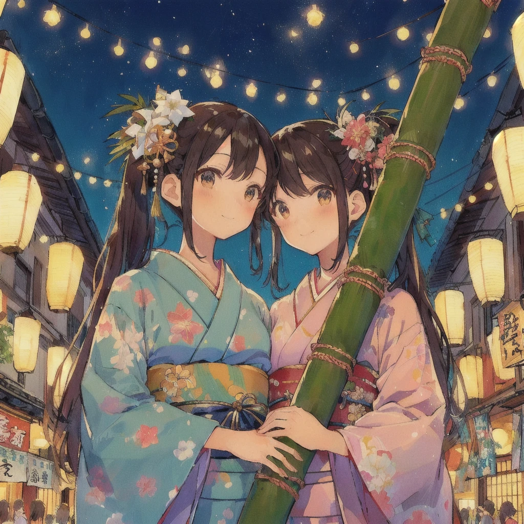 anime couple In kimono dress holding bamboo poles in a city, Tanabata Festival,80s anime style,Lofi,Japanese art style, Two beautiful anime girls, smile,Summer Festival Night, Kyoto Animation Style, pixiv Contest Winner, In kimono, In a Japanese town at night, In kimono, Anime-style illustrations, Happy!!!, Anime Style 4k, Anime Background, Twin tails, Anime Background art