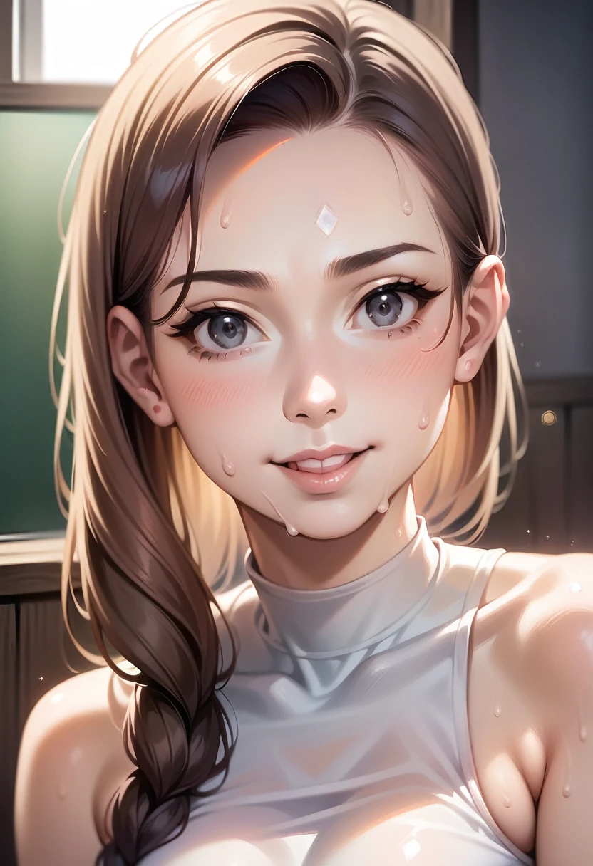 1Girl, Best Quality, Realistic, Photorealistic, Best Quality, Masterpiece, Very Delicate and Beautiful, Very Detailed, Fine Detail, Ultra Detail, High Definition, Very Detailed, Realistic, Ultra High Definition, Best Quality, Ultra High Definition, (Real:1.4), High Quality Texture, ((best quality)), ((masterpiece)), (detailed), A radiant young woman, , with luscious brown locks framing her striking features, sits in warm sunlight, gray eyes sparkling like diamonds. A gentle smile plays across her lips, accentuating charming dimples and captivating allure. Soft focus photography captures a stunning 4K portrait in natural light, delicate bokeh adding depth. She wears a sleek body suit at the gym, slim fit tonde, sweat glistening on her skin.,Extremely Realistic, stable, diffusion
