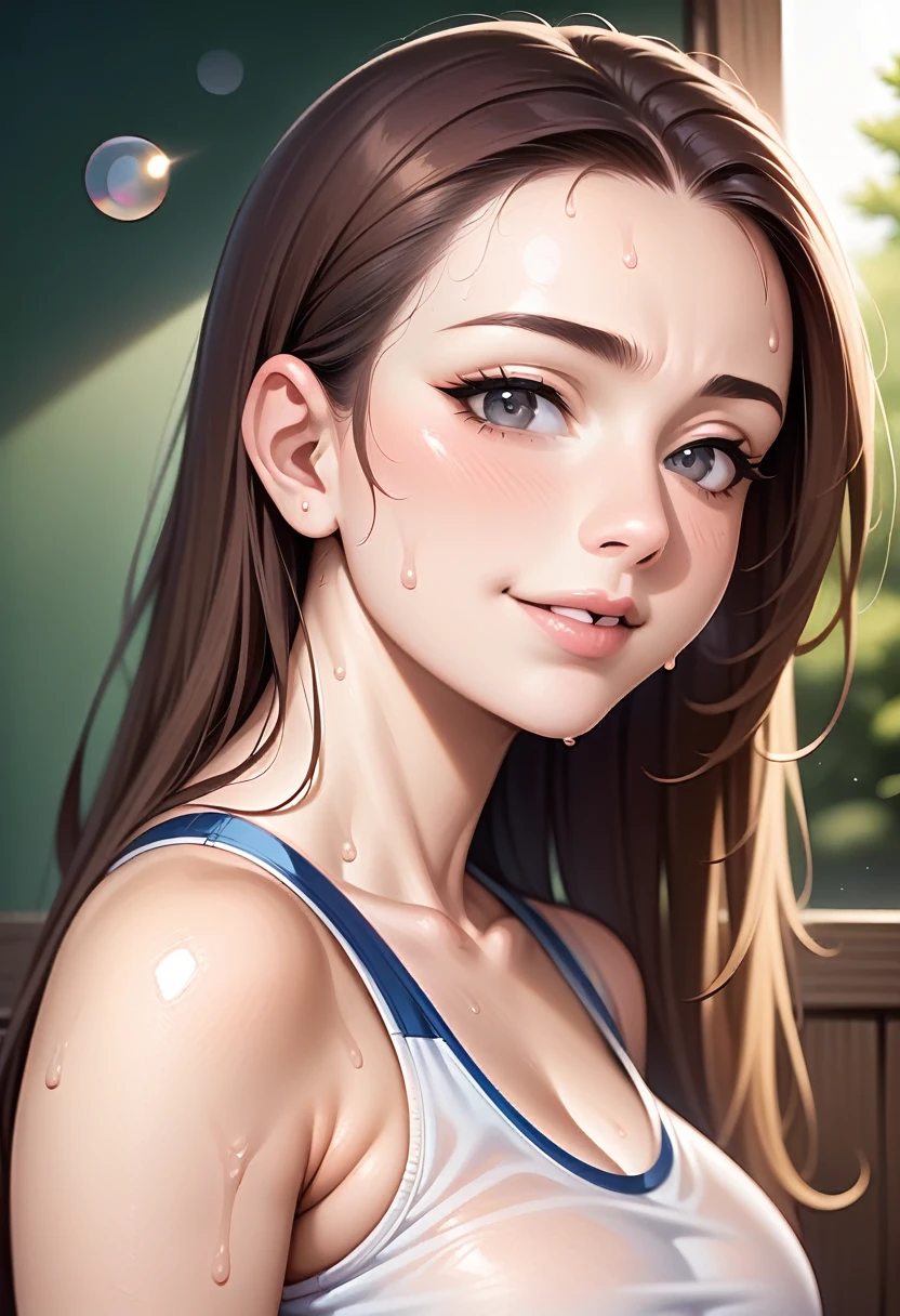  1Girl, Best Quality, Realistic, Photorealistic, Best Quality, Masterpiece, Very Delicate and Beautiful, Very Detailed, Fine Detail, Ultra Detail, High Definition, Very Detailed, Realistic, Ultra High Definition, Best Quality, Ultra High Definition, (Real:1.4), High Quality Texture, ((best quality)), ((masterpiece)), (detailed), A radiant young woman, 17 years old, with luscious brown locks framing her striking features, sits in warm sunlight, gray eyes sparkling like diamonds. A gentle smile plays across her lips, accentuating charming dimples and captivating allure. Soft focus photography captures a stunning 4K portrait in natural light, delicate bokeh adding depth. She wears a sleek body suit at the gym, slim fit tonde, sweat glistening on her skin.,Extremely Realistic, stable, diffusion