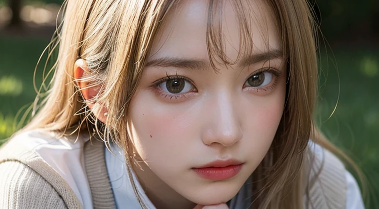 (Long Hair, bangs, Platinum Blonde Hair:1.2),(Wear a cardigan over a collared shirt:1.2),1 girl,Japanese,21 years old,(Small breasts:1.3),(Highest quality,masterpiece:1.3,超A high resolution,),(Ultra-detailed,Caustics),(Photorealistic:1.4,RAW shooting,)Ultra-Realistic Capture,Very detailed,High resolution 16K human skin close-up。 Natural skin texture、,Pores、、It needs to be detailed enough to be easily identifiable。 Skin should be even-toned and healthy looking。 Use natural light and colour, Sad expression, Looking at the camera, Perfect dynamic composition, Outdoor