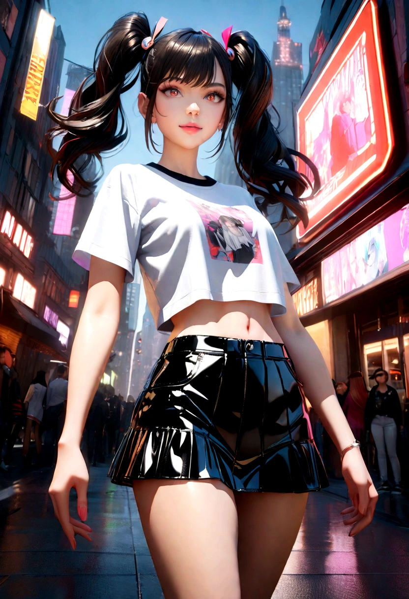 Best quality, high resolution, Masterpiece: 1.3, Stunning Adult Woman, Hairstyle: Twin Tails, mini skirt, Masterpiece, Confident Smile, Realistic, Bold Personality, Multiple Female Characters, Captivating Eyes, Attractive Features, Colorful Twin Tails, High Fashion mini skirt, Urban Theme, Neon Signs, Busy City Street, Bright Lights, Reflective Surfaces, Detailed Clothes, Accessories, Closeup 3D Octane rendering, ray tracing, super detailing viewer, closeup. front view