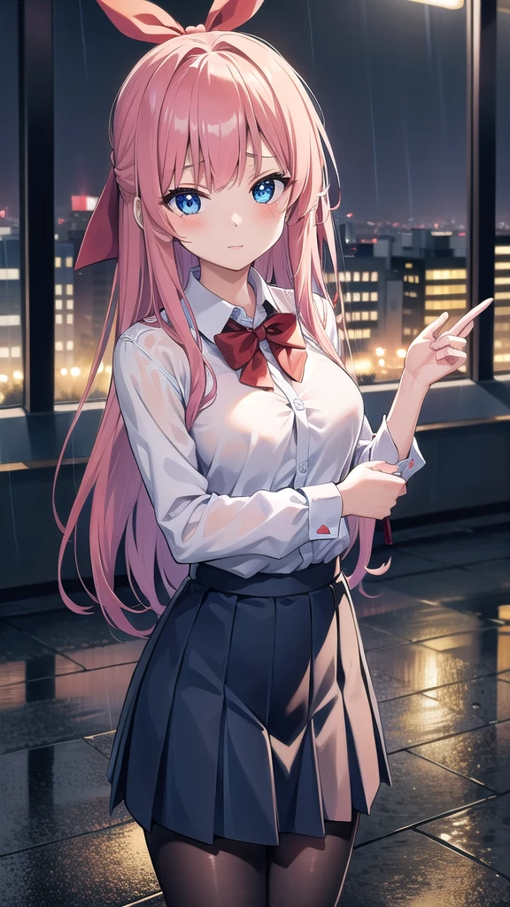 nodokaharamura, nodoka haramura, blue eyes, hair bow, long hair, pink hair, bow, BREAK blue skirt, kiyosumi , pleated skirt,serafuku, skirt, BREAK looking at viewer, BREAK indoors, city,night,neon lights,rain,wet road,reflections BREAK (masterpiece:1.2), best quality, high resolution, unity 8k wallpaper, (illustration:0.8), (beautiful detailed eyes:1.6), extremely detailed face, perfect lighting, extremely detailed CG, (perfect hands, perfect anatomy),black pantyhose,pantyhose,standing in street,skinny fit,upper body shot, wet uniform,no bra,nipples, see through,from above.