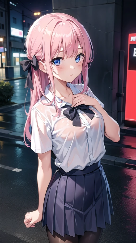 nodokaharamura, nodoka haramura, blue eyes, hair bow, long hair, pink hair, bow, BREAK blue skirt, kiyosumi , pleated skirt,serafuku, skirt, BREAK looking at viewer, BREAK indoors, city,night,neon lights,rain,wet road,reflections BREAK (masterpiece:1.2), best quality, high resolution, unity 8k wallpaper, (illustration:0.8), (beautiful detailed eyes:1.6), extremely detailed face, perfect lighting, extremely detailed CG, (perfect hands, perfect anatomy),black pantyhose,pantyhose,standing in street,skinny fit,upper body shot, wet uniform,no bra,nipples, see through,from above.