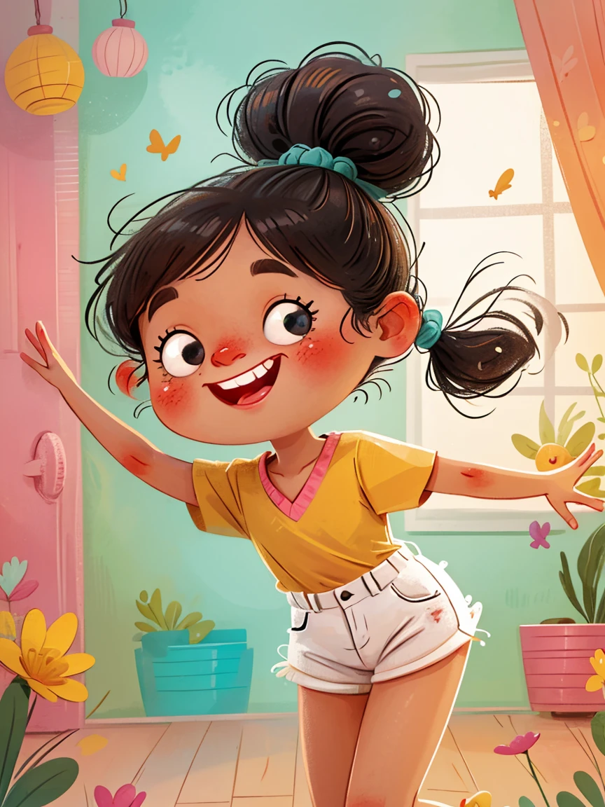 masterpiece, high quality, A cartoon *********** wearing a pink V-neck shirt and white shorts, Double ponytails，Show your bright teeth, Big cute eyes, Super cute and stylish black-haired girl, Dance, J_Huiben