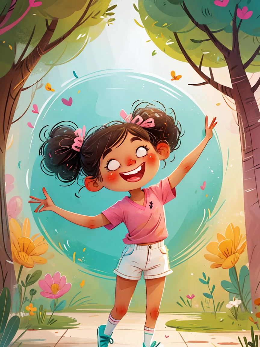 masterpiece, high quality, A cartoon wearing a pink V-neck shirt and white shorts, Double ponytails,Show your bright teeth, Big cute eyes, Super cute and stylish black-haired girl, Dance, J_Huiben