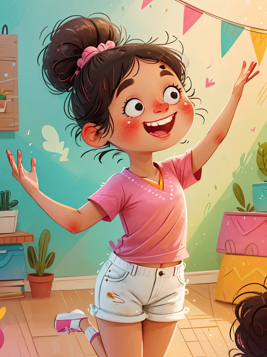 masterpiece, high quality, A cartoon  girl wearing a pink V-neck shirt and white shorts, Double ponytails，Show your bright teeth, Big cute eyes, Super cute and stylish black-haired girl, Dance, J_Huiben