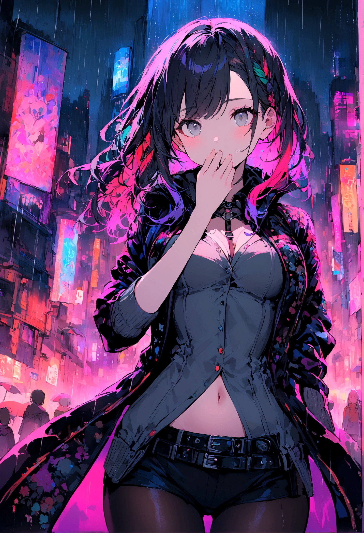 portrait, 1 girl, Pretty Face, Asymmetrical hair, Multi-colored hair, belt, Tights, Cover your mouth, Cover the navel, Separate sleeves, Gray eyes, - Hip vents, Cardigan jacket, Lovely, Look at the audience, of the night city, neon, rain,