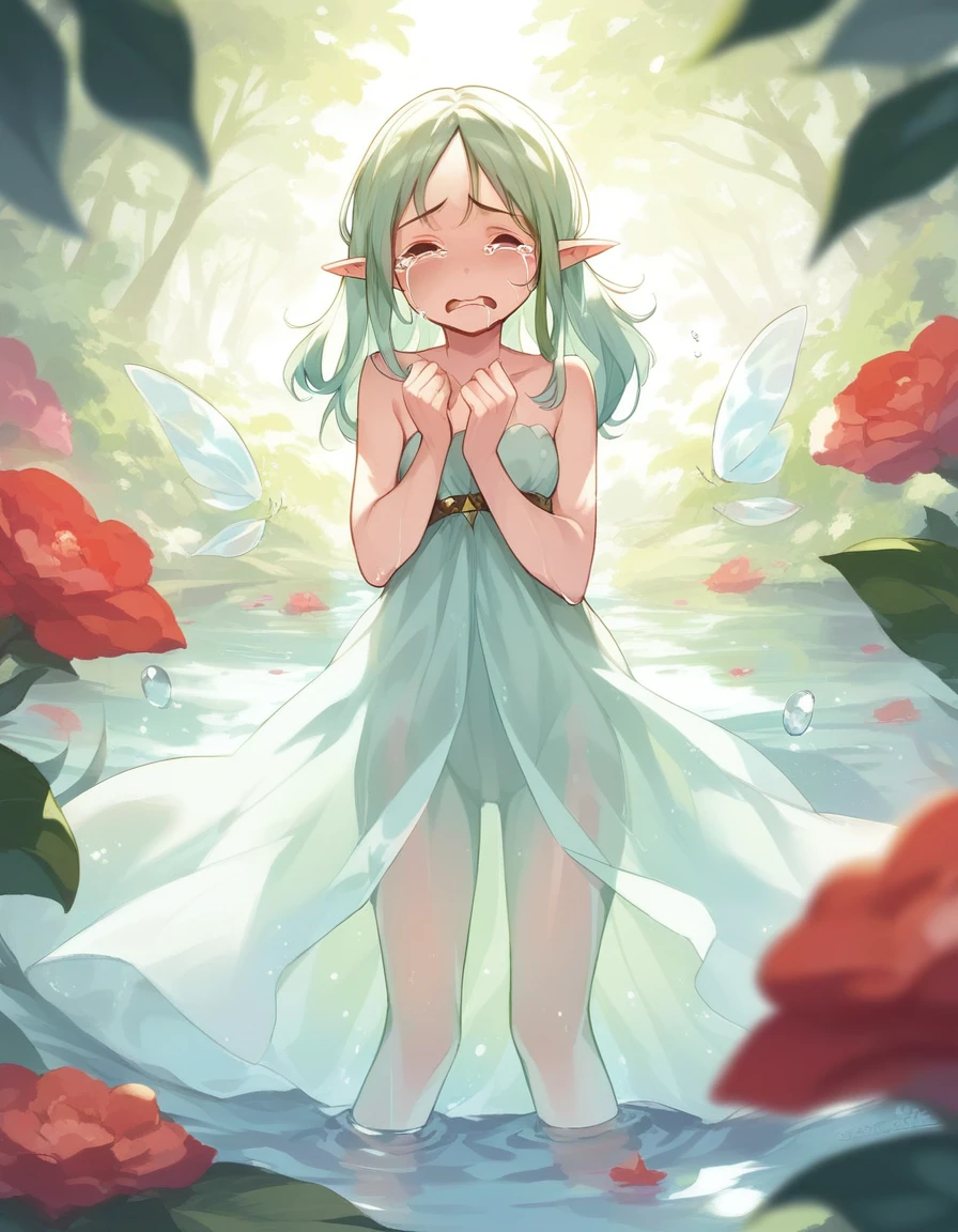BREAK Perfect Anatomy、(High resolution:1.2)、Incredible illustrations、(Cute illustrations:1.2)、(Beautiful background) (a girl, elf 1.5meters, 40kg),,20-year-old,)(despair:2.0,tears:2.5)(((transparent skin:1.6)DRESS,see-through dress) Water Fairy