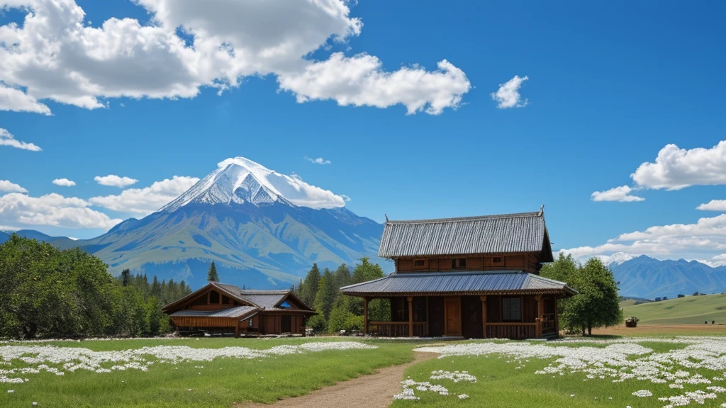 masterpiece, scenery, landscape, two blue snow mountains, sun in the middle of mountains, blue sky, white clouds, flying pack of birds, wide meadow, single small house, single big tree beside the house, ricefield, farm, trail road leading to the mountains, flowers