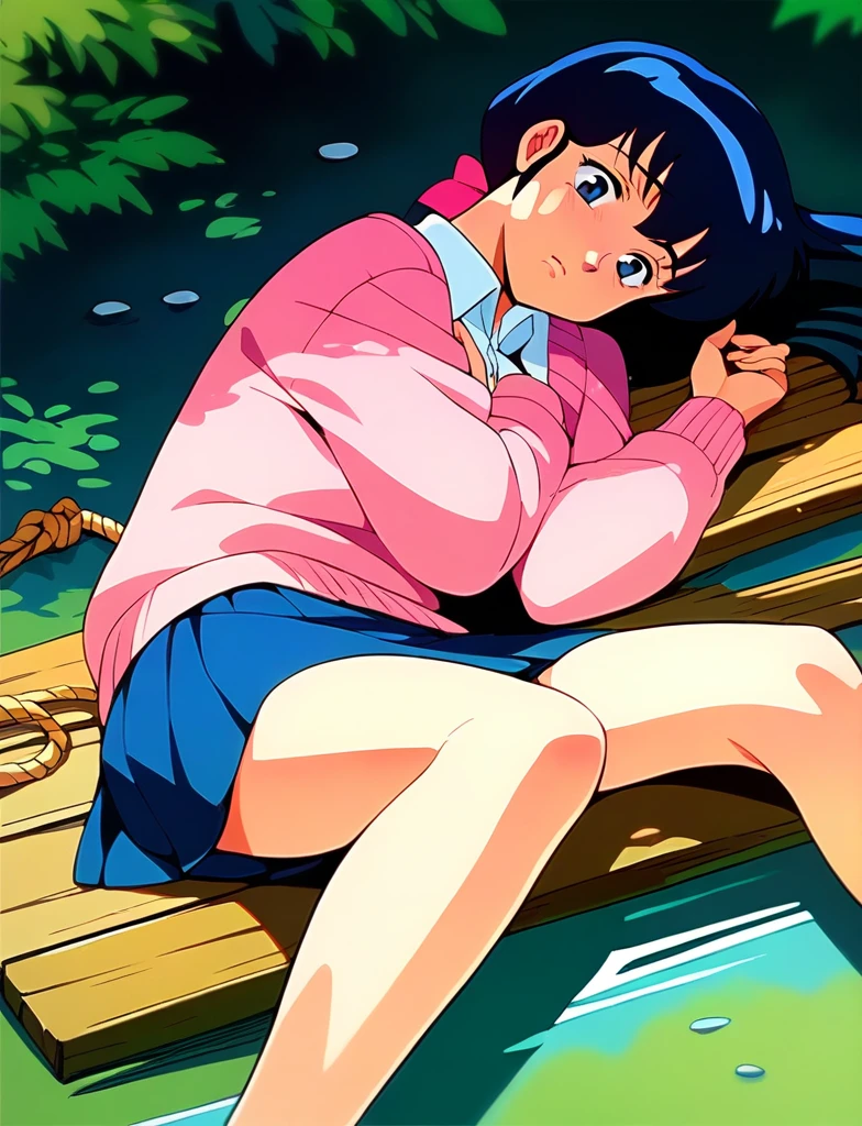 Kyoko,score_9,score_8_superior,score_7_superior,sauce_anime,One girl,alone,View your viewers,soaked,downpour,in the forest,Pink Sweater,White collared shirt,length_skirt,blue skirt,Spread your legs,Dew panties,Lying down,Sad face,:d,arms_behind_return,