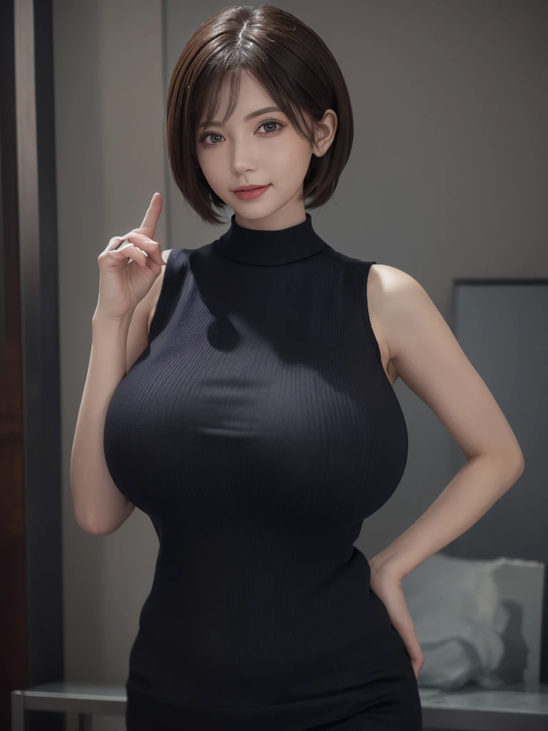 黒いSleeveless sweaterを着た日本女性、 (((masterpiece))), ((Highest quality)), ((Intricate details)), (((超Realistic)), irrational solution, Near and far, Very detailed, Realistic, 1 Girl, (Huge boobs: 1.2), Perfect hands, Finger details, Beautiful and detailed, short hair, Brown eyes,(Sleeveless sweater:1.2), Black knit dress, Detailed Background, choker, Perfect Eyes, Captivating eyes, Looking at the audience, from the front、Laughter、Moles around the mouth、