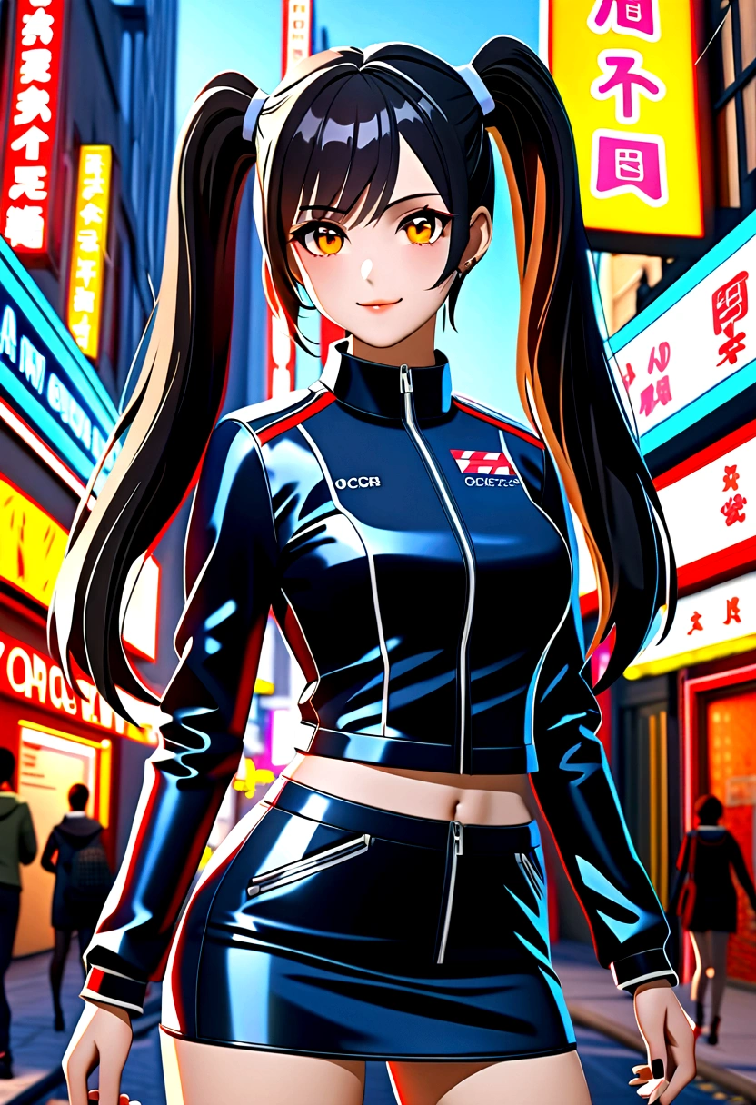 Best quality, high resolution, Masterpiece: 1.3, Stunning Adult Woman, Hairstyle: Twin Tails, mini skirt, Masterpiece, Confident Smile, Realistic, Bold Personality, Multiple Female Characters, Captivating Eyes, Attractive Features, Colorful Twin Tails, High Fashion mini skirt, Urban Theme, Neon Signs, Busy City Street, Bright Lights, Reflective Surfaces, Detailed Clothes, Accessories, Closeup 3D Octane rendering, ray tracing, super detailing viewer, closeup. front view