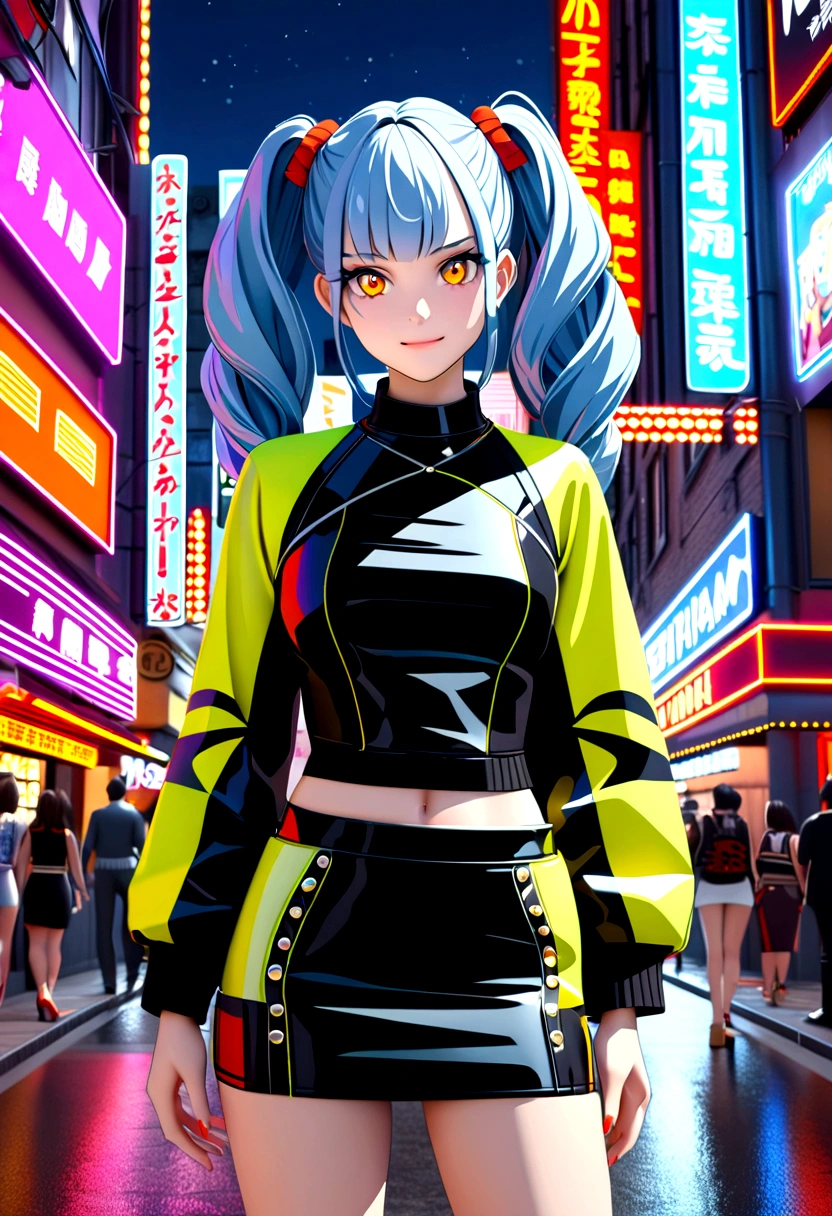 Best quality, high resolution, Masterpiece: 1.3, Stunning Adult Woman, Hairstyle: Twin Tails, mini skirt, Masterpiece, Confident Smile, Realistic, Bold Personality, Multiple Female Characters, Captivating Eyes, Attractive Features, Colorful Twin Tails, High Fashion mini skirt, Urban Theme, Neon Signs, Busy City Street, Bright Lights, Reflective Surfaces, Detailed Clothes, Accessories, Closeup 3D Octane rendering, ray tracing, super detailing viewer, closeup. front view