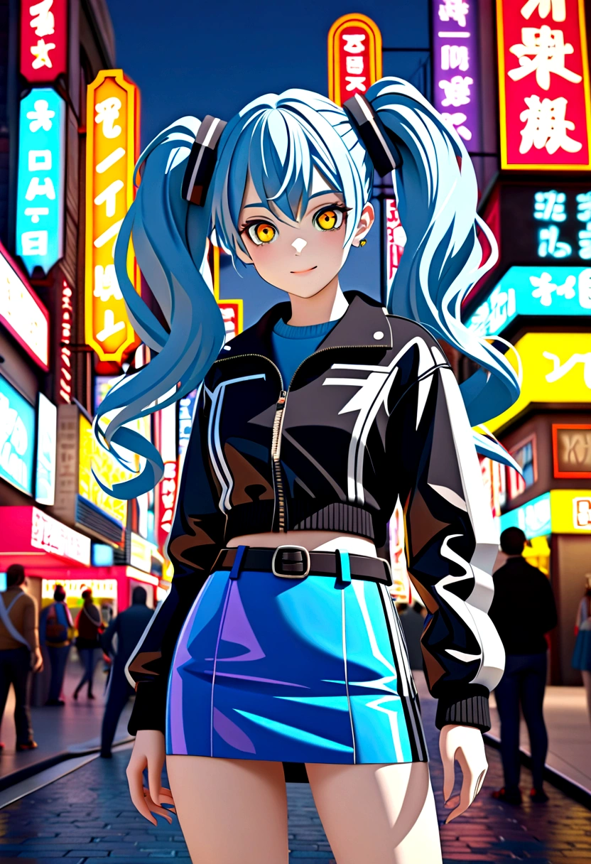Best quality, high resolution, Masterpiece: 1.3, Stunning Adult Woman, Hairstyle: Twin Tails, mini skirt, Masterpiece, Confident Smile, Realistic, Bold Personality, Multiple Female Characters, Captivating Eyes, Attractive Features, Colorful Twin Tails, High Fashion mini skirt, Urban Theme, Neon Signs, Busy City Street, Bright Lights, Reflective Surfaces, Detailed Clothes, Accessories, Closeup 3D Octane rendering, ray tracing, super detailing viewer, closeup. front view