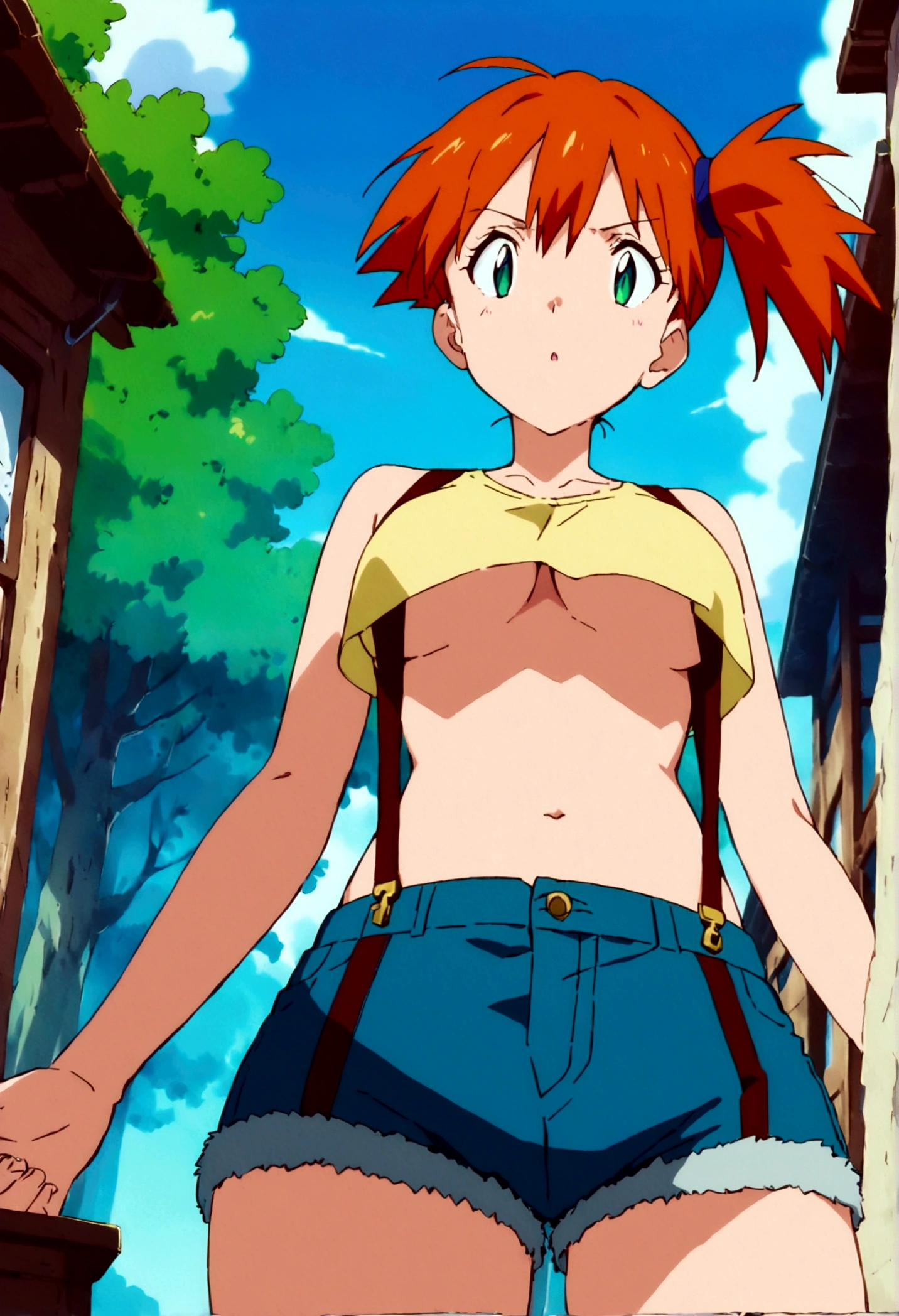 score_9,score_8, score_7_.superior, (from below:1),low angle,(Insect's Eye).,  (mature) , (outcome), One girl, , , Outdoor, Green Eyes, Orange Hair, Side Ponytail, Yellow Shirt, Sleeveless shirt,belly button, Denim shorts, suspenders,  Captivating look, Seductive expressions),under_boob,(arms in sides,),great lighting,  perfect hands, detailed shadows,anime artwork, anime style, key visual, vibrant, studio anime,
highly detailed,  anime coloring, masterpiece, best quality,
best aestethic, absurdres,
