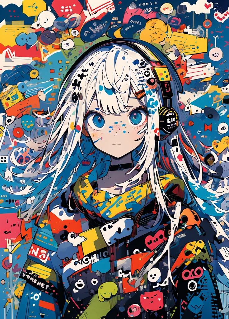 ​masterpiece, top-quality, 1girl, Sloppy face　solo, croptop, denim, a choker, (doodle:1.5), Paint Splatter, arms behind back, Hitting a wall, Look at viewers, Armbands, , Paint on the body, tilt of the head, tedium, O cabelo multicolorido, Aqua Eye, headset on head,