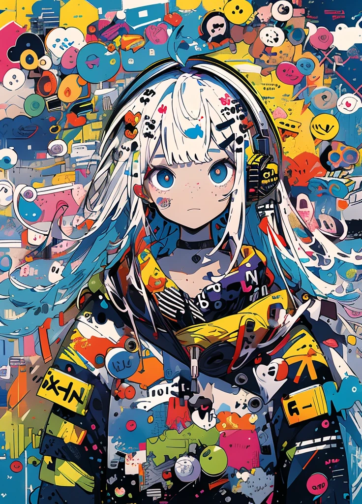 masterpiece, top-quality, 1girl, Sloppy face solo, croptop, denim, a choker, (doodle:1.5), Paint Splatter, arms behind back, Hitting a wall, Look at viewers, Armbands, , Paint on the body, tilt of the head, tedium, O cabelo multicolorido, Aqua Eye, headset on head,