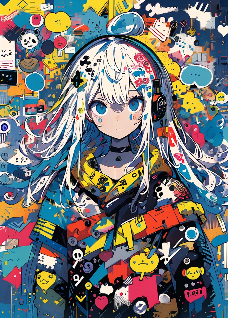 masterpiece, top-quality, 1girl, Sloppy face solo, croptop, denim, a choker, (doodle:1.5), Paint Splatter, arms behind back, Hitting a wall, Look at viewers, Armbands, , Paint on the body, tilt of the head, tedium, O cabelo multicolorido, Aqua Eye, headset on head,
