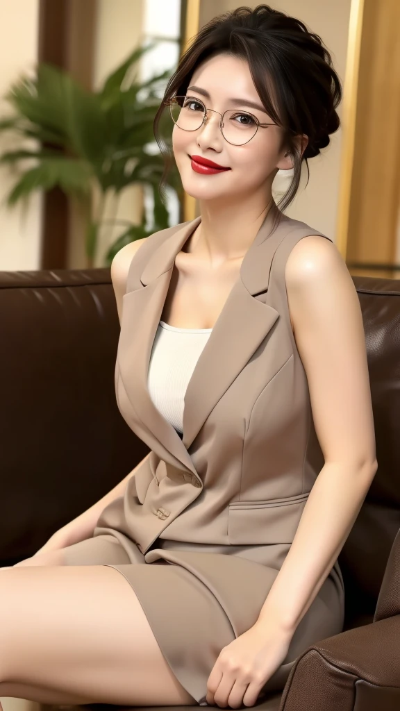 ((photo))、((真实photo))、mature adult woman、high resolution、((best quality,8K,masterpiece))、((Full body photos 0.85)) Facial portrait, Gentle smile、 ((bright lipstick)), Sensual, Medium Length Hair, Black Hair, She tied her hair into a bun, Formal wear, White shirt, Grey vest, Showing the whole thigh,Thigh skin is very tender， Glasses, Fat woman,Living room at home、