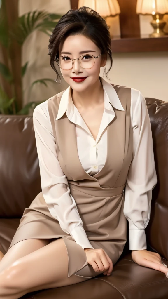 ((photo))、((真实photo))、mature adult woman、high resolution、((best quality,8K,masterpiece))、((Full body photos 0.85)) Facial portrait, Gentle smile、 ((bright lipstick)), Sensual, Medium Length Hair, Black Hair, She tied her hair into a bun, Formal wear, White shirt, Grey vest, Showing the whole thigh,Thigh skin is very tender, Glasses, Fat woman,Living room at home、