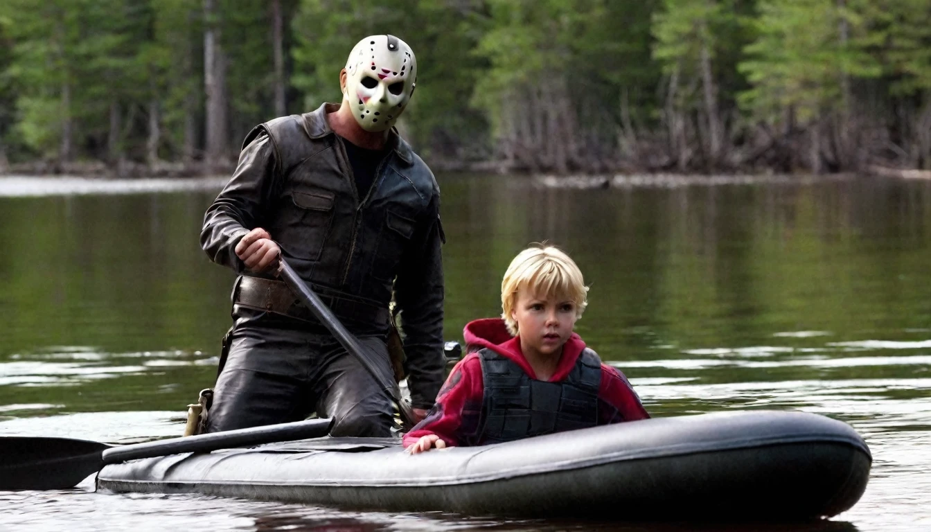 Charlize Theron and Jason Voorhees on the lake among the children&#39;s camp. Charlize Theron hugs baby Voorhees