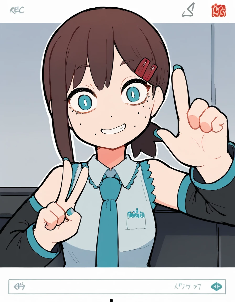 score_9, score_8_up, score_7_up, score_6_up, score_5_up, score_4_up, source_anime, BREAK hatsune_miku, solo, 1girl, smile, adorable face , cute, long eyelashes, elbow out of frame, one hand out of frame, necktie, selfie, closeup, recording, pov, v sign, upper_body, kobenirnd, mole under eye, mole under mouth, single sidelock, short ponytail, hairclip, brown hair, 