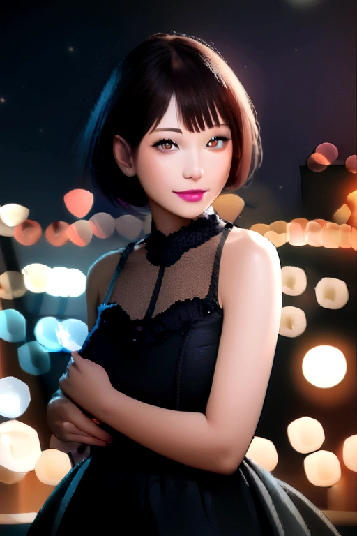 One girl, (No sleeve, Lace dress:1.6),(RAW Photos, Highest quality:1.4), (Realistic, photo-Realistic:1.4), masterpiece, Very delicate and beautiful, Very detailed, 2k wallpaper, wonderful, In detail, Very detailed CG unity 8k wallpaper, Super detailed, High resolution, Soft Light, Beautiful detailed girl, Very detailed eyes and face, Beautifully detailed nose, Beautiful attention to detail,Cinema Lighting,(Blurred,Bokeh Background:1.6),(city, night:2.0),Perfect Anatomy,(Slender body:1.0),(Face close-up,Focus Face:1.6),(Smiling Kindly,Friendly, warm:1.8),(View your viewers:1.8), (short hair:1.6), (Japanese Idols:1.8), (Brown eyes:1.4),(Are standing:1.6),(Cleavage:0.8),