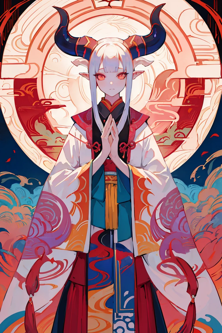 Designed by nty, a woman is, (Albino demon girl standing, long and complex horns:1.2, colorful clothes), intricate details, Colorful background, Abstract,Onmyoji Detailed Art, Oriental traditional art style, beautiful painting style, Ukiyo-style, masterpiece, top quality, best quality, ultra high resolution