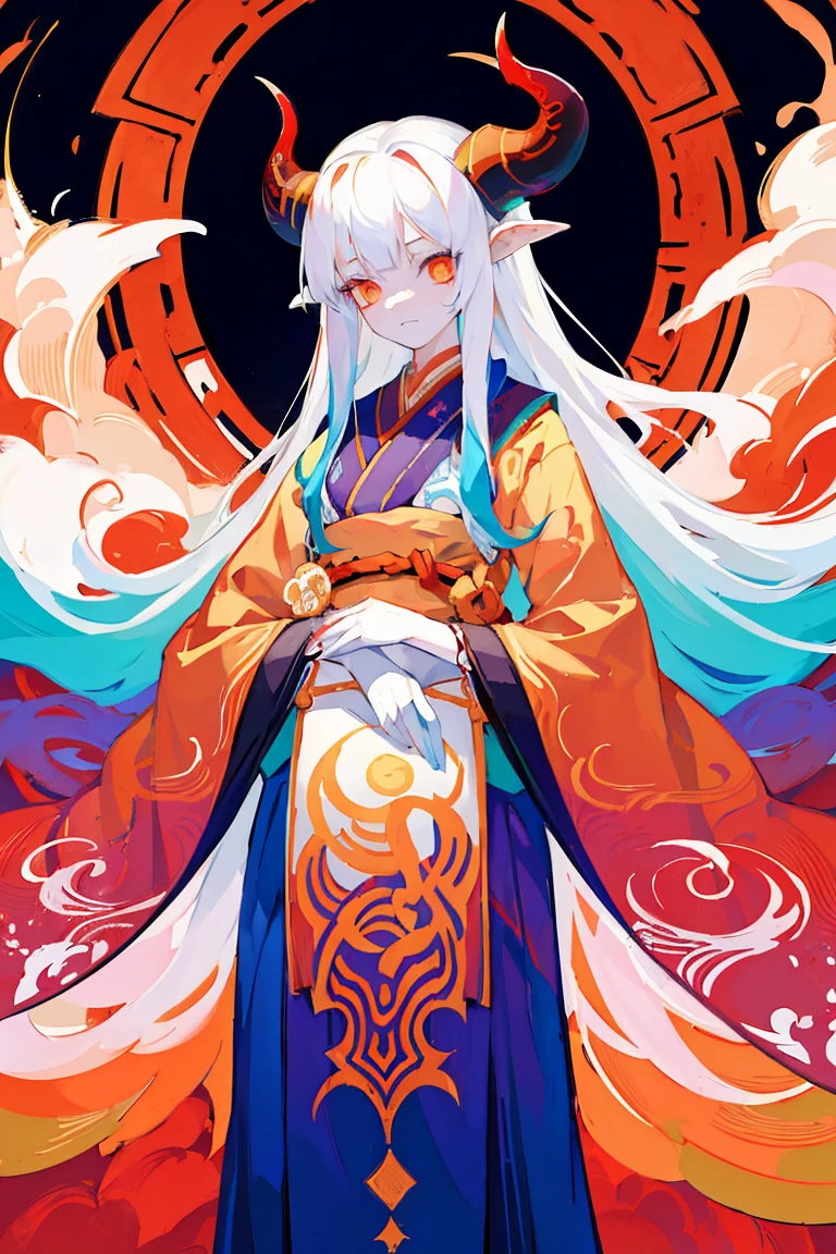 Designed by nty, a woman is, (Albino demon girl standing, long and complex horns:1.2, colorful clothes), intricate details, Colorful background, Abstract,Onmyoji Detailed Art, Oriental traditional art style, beautiful painting style, Ukiyo-style, masterpiece, top quality, best quality, ultra high resolution