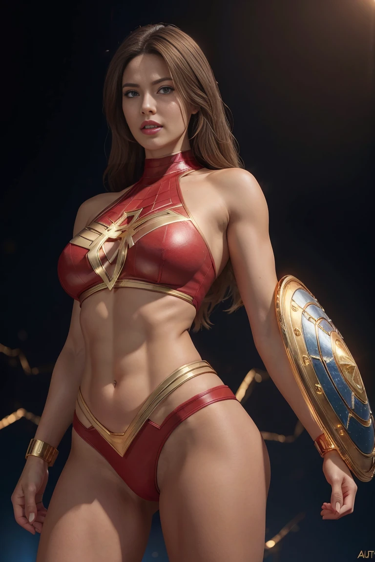 Full body shot seen from behind Sexy 30 years old, superheroine he holds a shield in front of him long blonde hair glowing blue eyes red lips muscular body large breast wears a red and black tight leather pants, red and black leather short, red and black stilettos, black tights, plunging sleeveless top gold shoulder pads gold bracelets revealing abs midriff a Z symbol on her chest portrait photography by artgerm, in the style of realism, glistening skin, cartooncore, mangacore, natural lighting, Defined full lips. Muscular fitness feminine body spider web in the background


