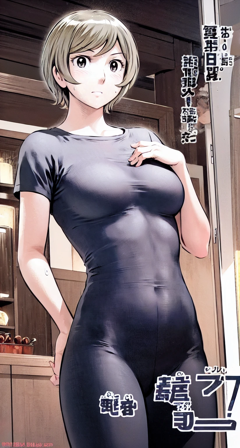 、(masterpiece、Highest quality)、Highest quality, Ultra-high resolution, (((masterpiece))), alone, Sweat、Big eyes,office、Tight white dress shirt、Tight black suit、Tight black pants、indoor、Composition from the front、(Cut the back hair short、short hair、blonde、woman)、Shortcuts、Embarrassed face、Cut your hair short、可愛いwomanの子、Big Breasts