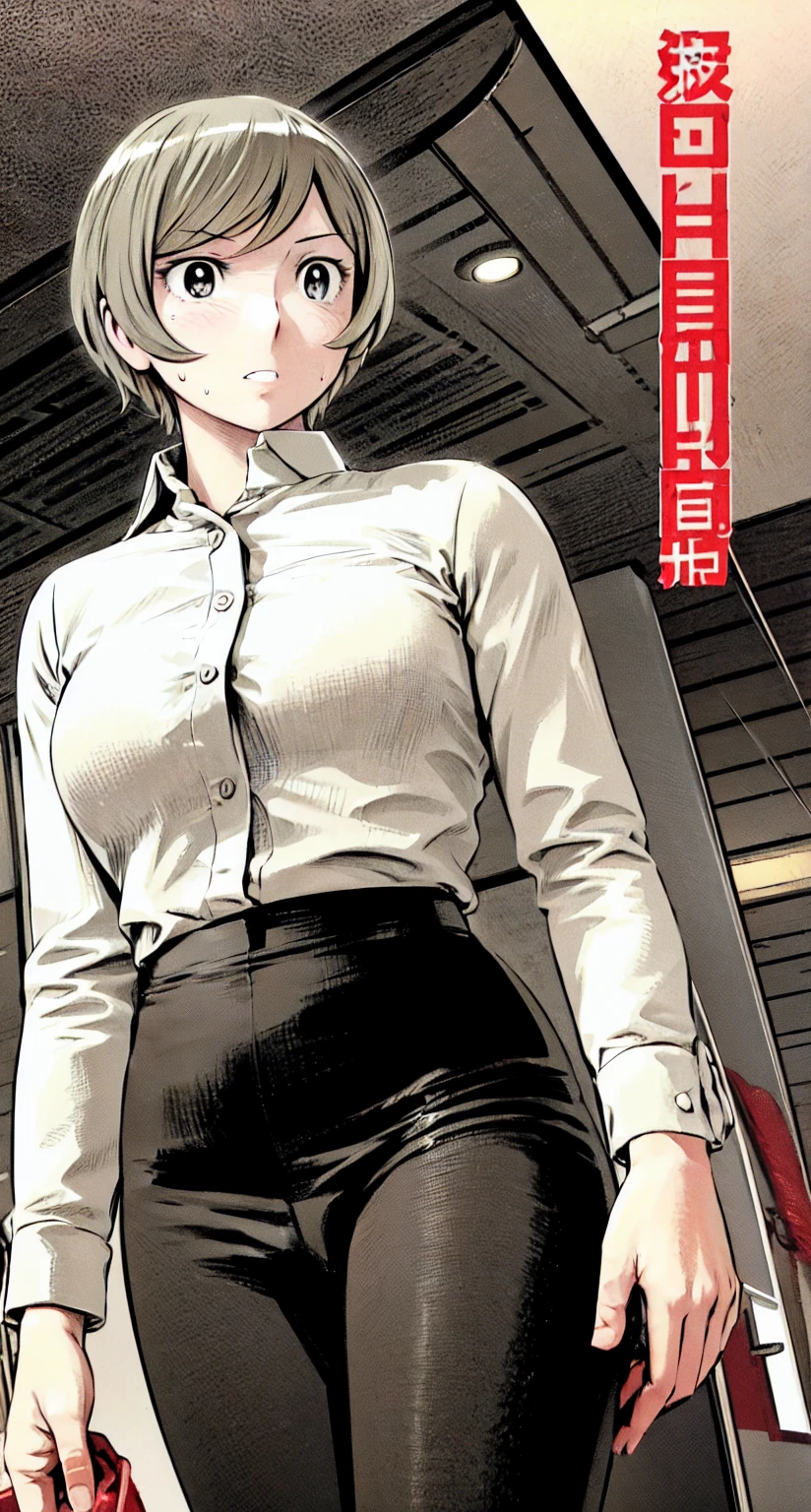 、(masterpiece、Highest quality)、Highest quality, Ultra-high resolution, (((masterpiece))), alone, Sweat、Big eyes,office、Tight white dress shirt、Tight black suit、Tight black pants、indoor、Composition from the front、(Cut the back hair short、short hair、blonde、woman)、Shortcuts、Embarrassed face、Cut your hair short、可愛いwomanの子、Big Breasts