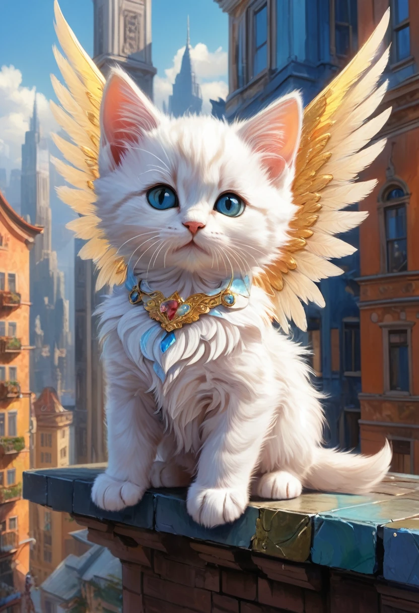 (Soft magnificent painting:1.3), Close up of (Cute anthropomorphic front facing kitten angel:1.3) (Has a long, sharp magical blade:1.2), (Long and complicated robes:1.2), Wide wings, (sitting on the edge of a modern building:1.3), Colorful buildings, Masterpieces with up to 16K resolution, Highest quality, Super detailed.