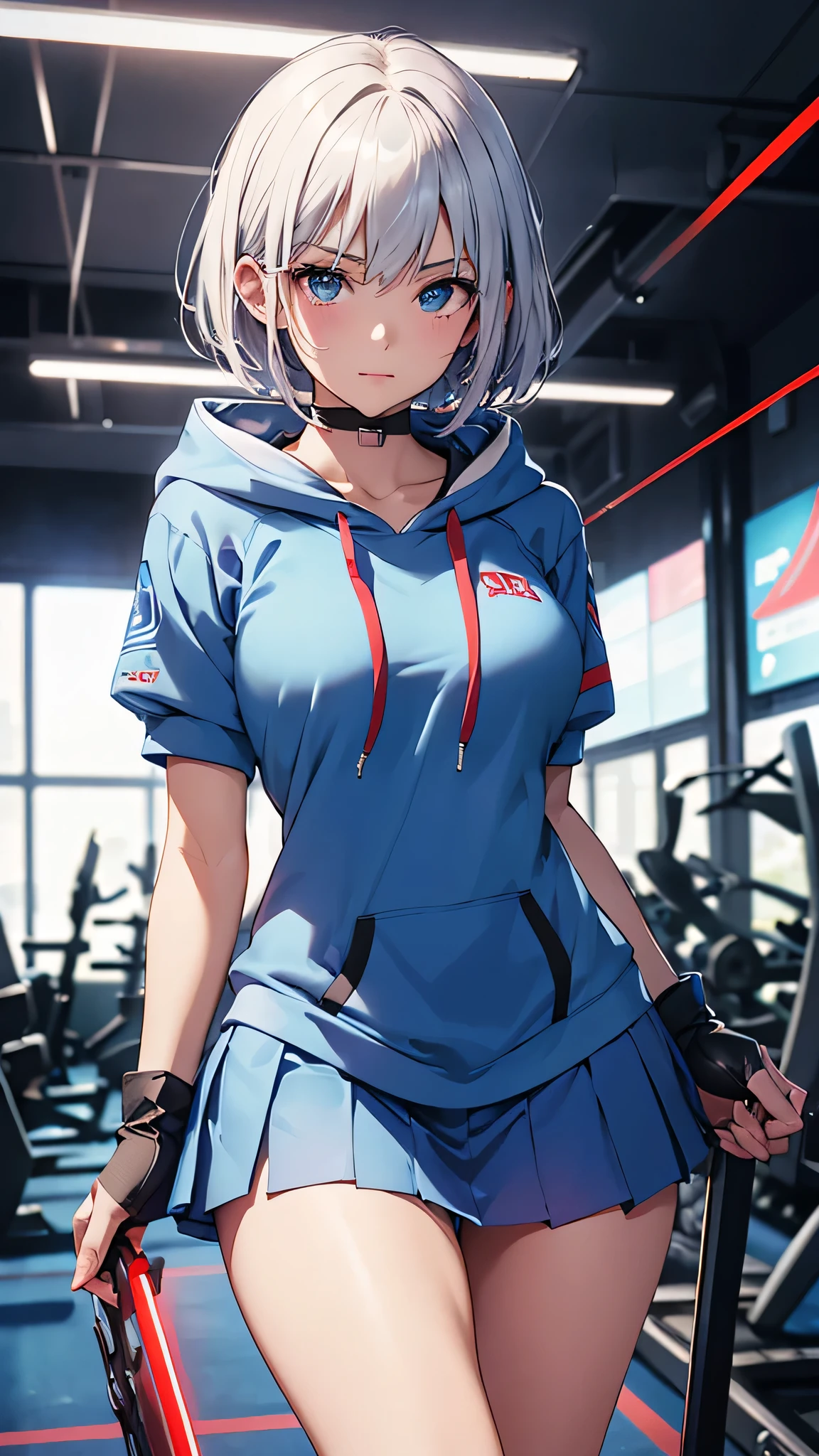 最high quality、Best image quality、masterpiece、With a girl((cute、20-year-old、Best Bust、Medium Bust、Bust 85,Beautiful Blue Eyes、Spread your chest wide,Short silver hair、Slender、The best valley、、Blue short sleeve hoodie、White short skirt,Show the whole body、Black perforated gloves,Blue Mesh,lure、Leaning forward greatly、Blue Sports Sunglasses、Blue Intercom,Sweating profusely))high quality、Beautiful art、background((Black Studio、Red lighting、blue laser light、Gym)),Tabletop、Exquisite design、Visual Arts、Depth of written boundary、Best lighting、Highest detail、8k