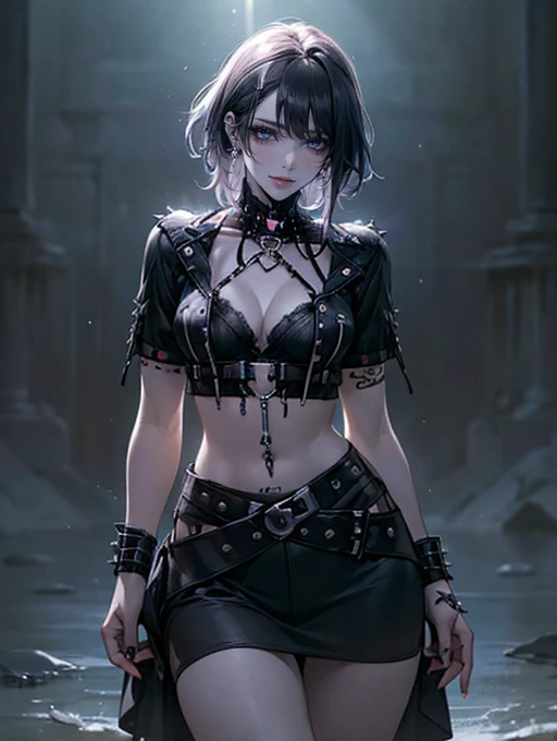 (masterpiece:1.2, highest quality), (realistic, photorealistic:1.4), beautiful illustrations, (natural side lighting, movie lighting),
looking at the viewer, Upper body, (Front view), 1 girl, perfect face, Cute symmetrical face, shiny skin, baby face, long eyelash, (large breasts), (wide hips:1.5),short cut hair,
beautiful hair, beautiful face, detailed and beautiful eyes, beautiful body, beautiful breasts, beautiful thighs, beautiful feet, beautiful fingers,
(beautiful scenery),(cute smile:1.3, upper eye), 18yo,pale skin,a woman in black corset and goth hair, with piercings, 1girl, solo, black hair, short hair, ring,(pierce:1.5),(punk style:1.5),(gothic dress),(black lips:1.7),side layered skirt,black bra,(gulp down blood from one's mouth:1.2)