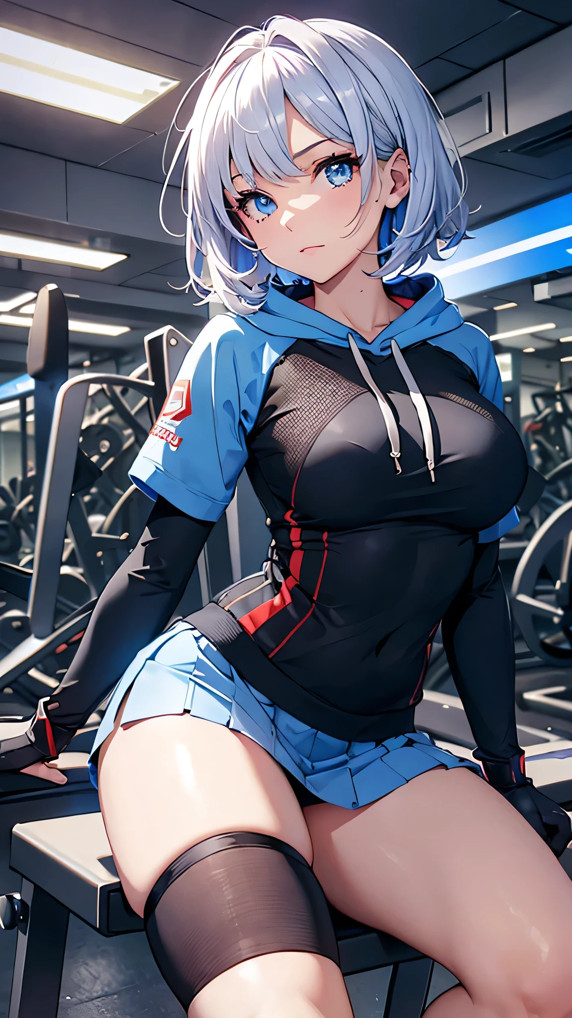 最high quality、Best image quality、masterpiece、With a girl((cute、20-year-old、Best Bust、Medium Bust、Bust 85,Beautiful Blue Eyes、Spread your chest wide,Short silver hair、Slender、The best valley、、Blue short sleeve hoodie、White short skirt,Show the whole body、Black perforated gloves,Blue Mesh,lure、Leaning forward greatly、Blue Sports Sunglasses、Blue Intercom,Sweating profusely))high quality、Beautiful art、background((Black Studio、Red lighting、blue laser light、Gym)),Tabletop、Exquisite design、Visual Arts、Depth of written boundary、Best lighting、Highest detail、8k