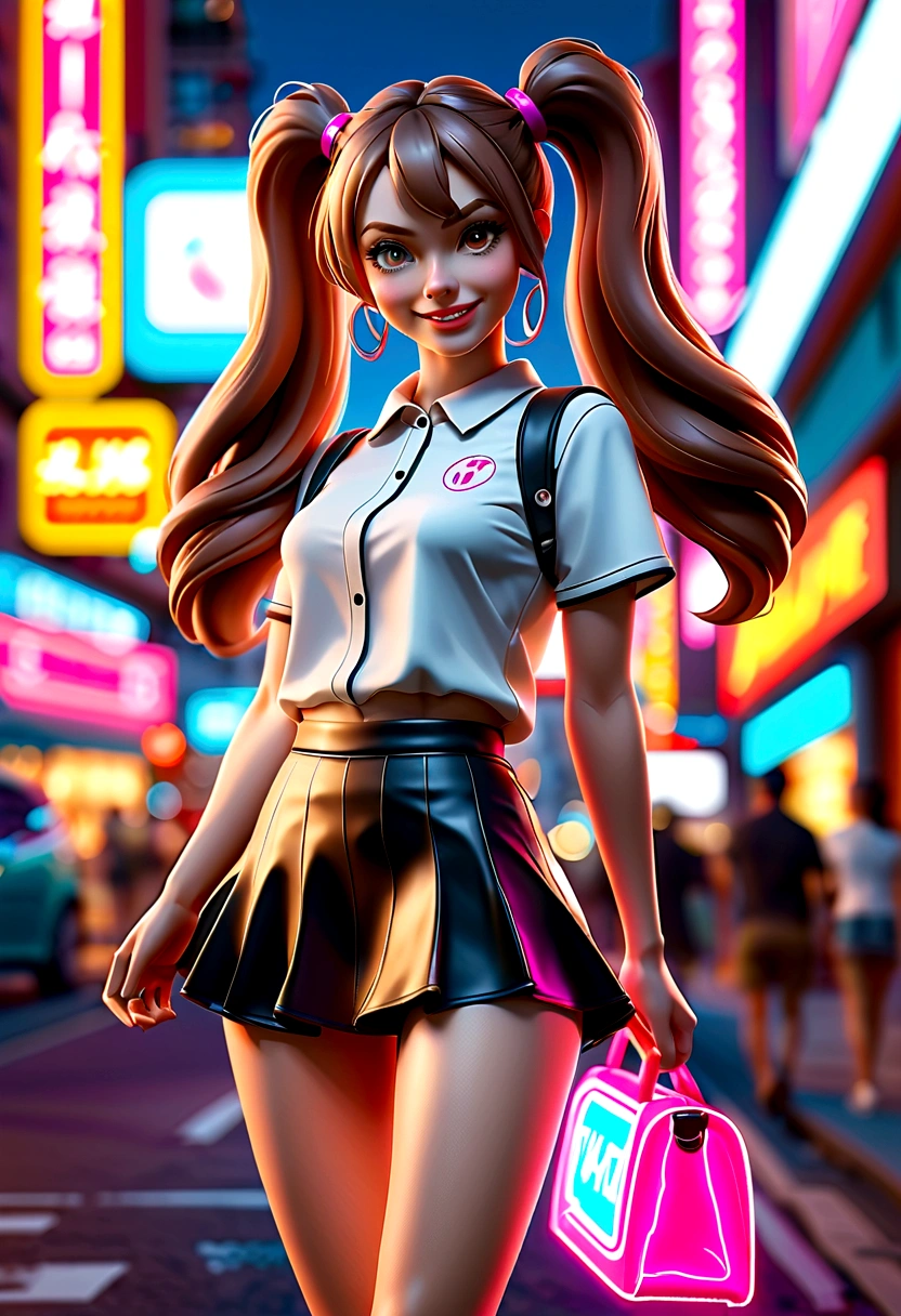 Best quality, high resolution, Masterpiece: 1.3, Stunning Adult Woman, Hairstyle: Twin Tails, mini skirt, Masterpiece, Confident Smile, Realistic, Bold Personality, Multiple Female Characters, Captivating Eyes, Attractive Features, Colorful Twin Tails, High Fashion mini skirt, Urban Theme, Neon Signs, Busy City Street, Bright Lights, Reflective Surfaces, Detailed Clothes, Accessories, Closeup 3D Octane rendering, ray tracing, super detailing viewer, closeup. front view