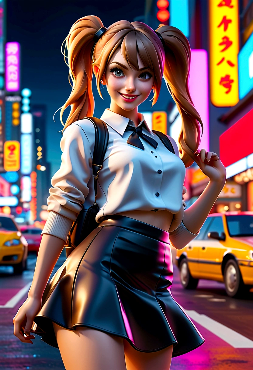 Best quality, high resolution, Masterpiece: 1.3, Stunning Adult Woman, Hairstyle: Twin Tails, mini skirt, Masterpiece, Confident Smile, Realistic, Bold Personality, Multiple Female Characters, Captivating Eyes, Attractive Features, Colorful Twin Tails, High Fashion mini skirt, Urban Theme, Neon Signs, Busy City Street, Bright Lights, Reflective Surfaces, Detailed Clothes, Accessories, Closeup 3D Octane rendering, ray tracing, super detailing viewer, closeup. front view